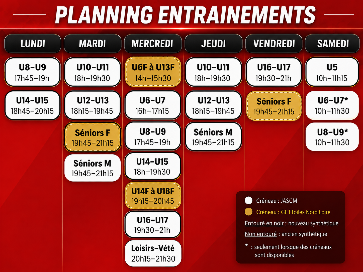 Planning entraînements 2026-2027